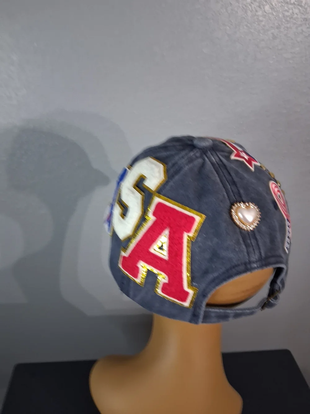Hand Crafted USA Patriotic Baseball Cap in Gray, Red, White, Blue